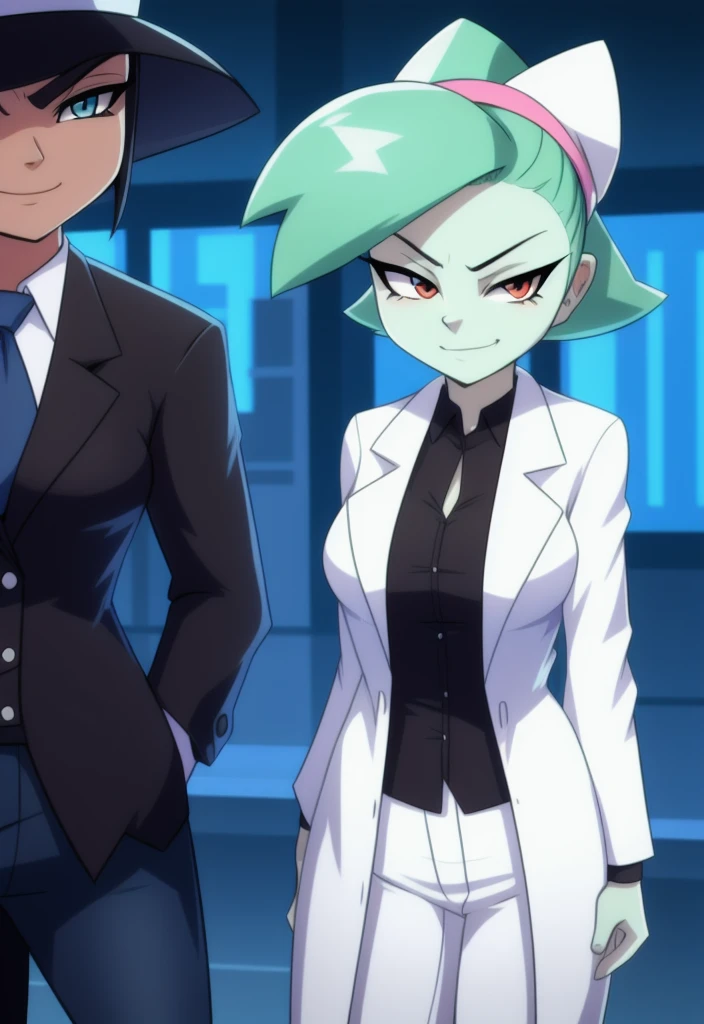 marie itami, furry, female, labcoat, black shirt, jeans, smirk, bust, hands in pockets