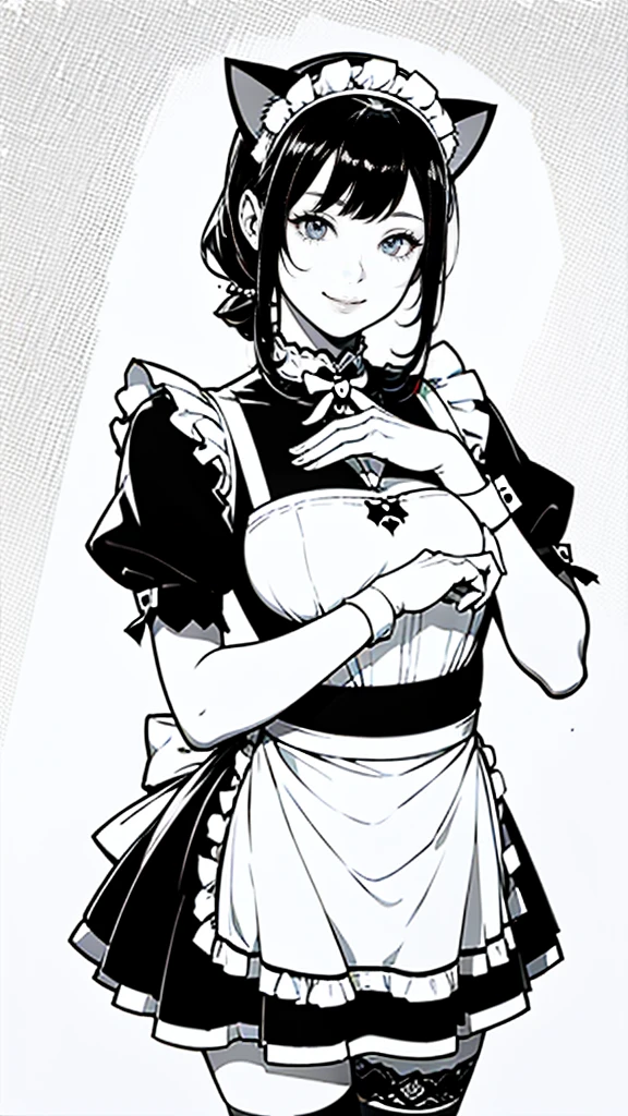 (masterpiece:1.2, Highest quality),(Line art),(Monochrome),(Very detailed),8K,wallpaper,1 female,Cute face,smile,((Maid in a maid café)),((betterhand)),Random hairstyle,Random pose,Beautiful female hands,((lineart, monochrome)),BREAK(((maid cafe))),(((wearing cat ears))),((a girl in gothic costume standing))