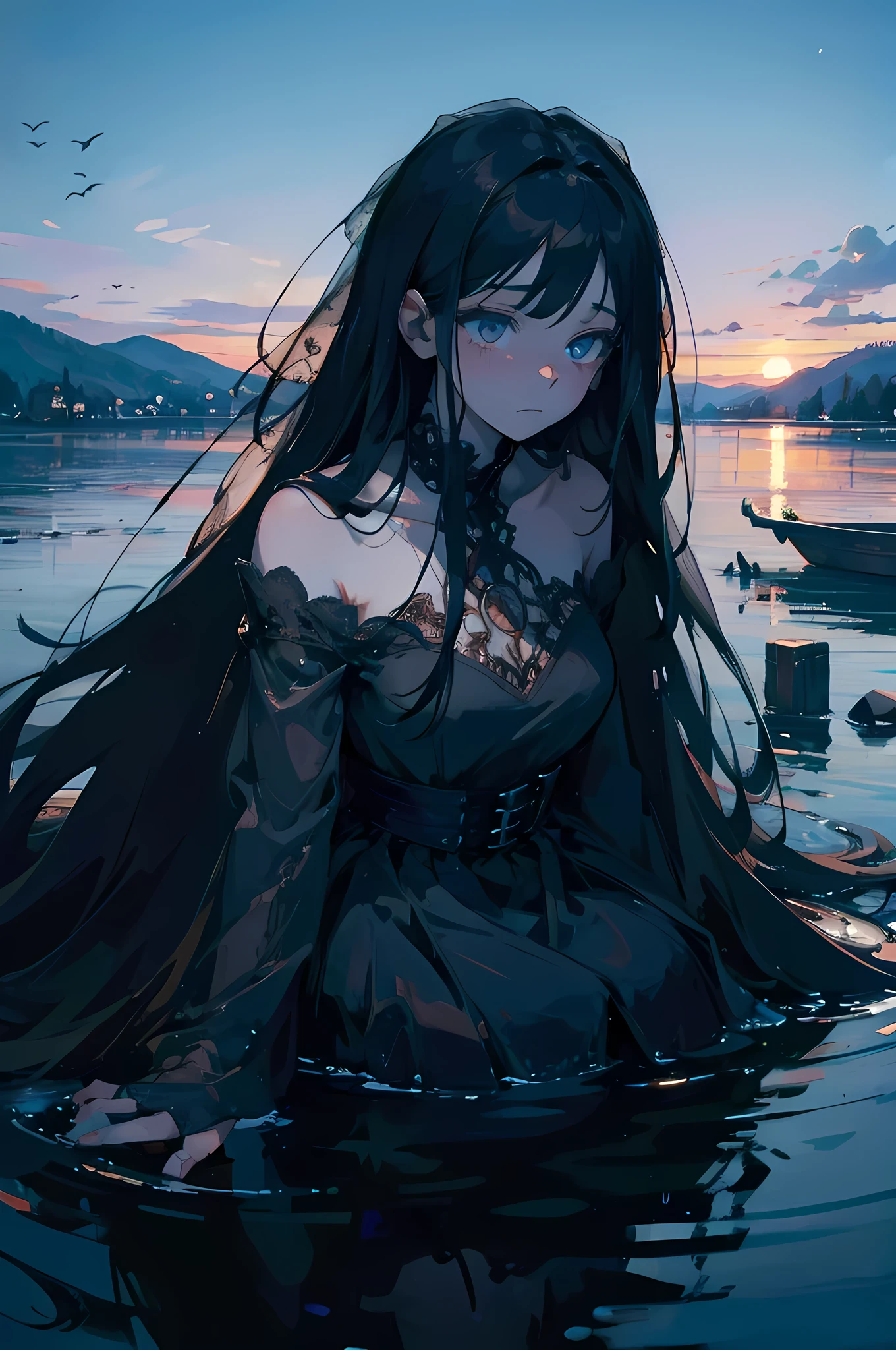 (masterpiece), best quality, expressive eyes, perfect face, (masterpiece), best quality, expressive eyes, perfect face, horror, halloween theme,, half body, perfect, Full HD, intricate, good hands, beautiful, Bride, pale skin, terror aesthetic, lake background, she's Sad, Full HD, delicate, solo woman, ((intricate background lake)) ((cinematic))