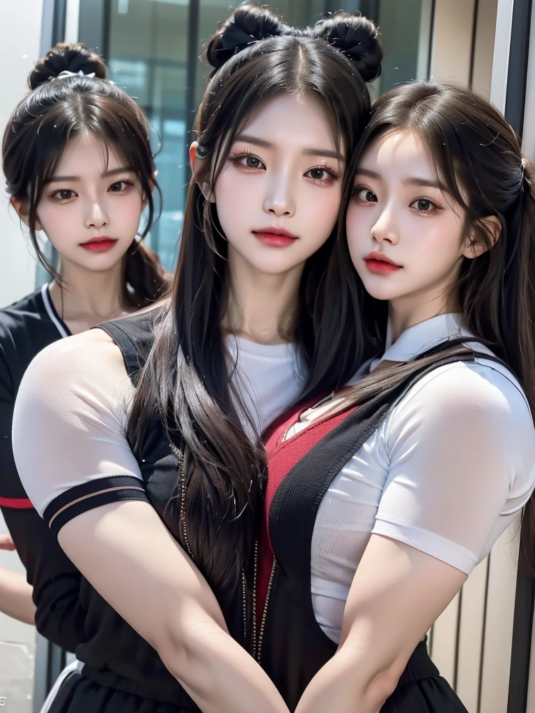 Four girls in school uniforms pose for a photo in front of a mirror，jitome，Tentacle hair，Strong muscles，Strong shoulders，Strong body，Expressionless eyes，，Bow your head，Gray hair.Gray long hair，White hair，There are no shoulder straps，Black clothes，（Flat chest 1.2），Angry expression，,Look at the audience，avatar，portrait，Smirk,cruel korean goth girl, korean girl, Gray long hair飘逸，The feeling of the wind blowing，avatar，portrait，，Bangs covering eyes，Flowing hair，Show your arms