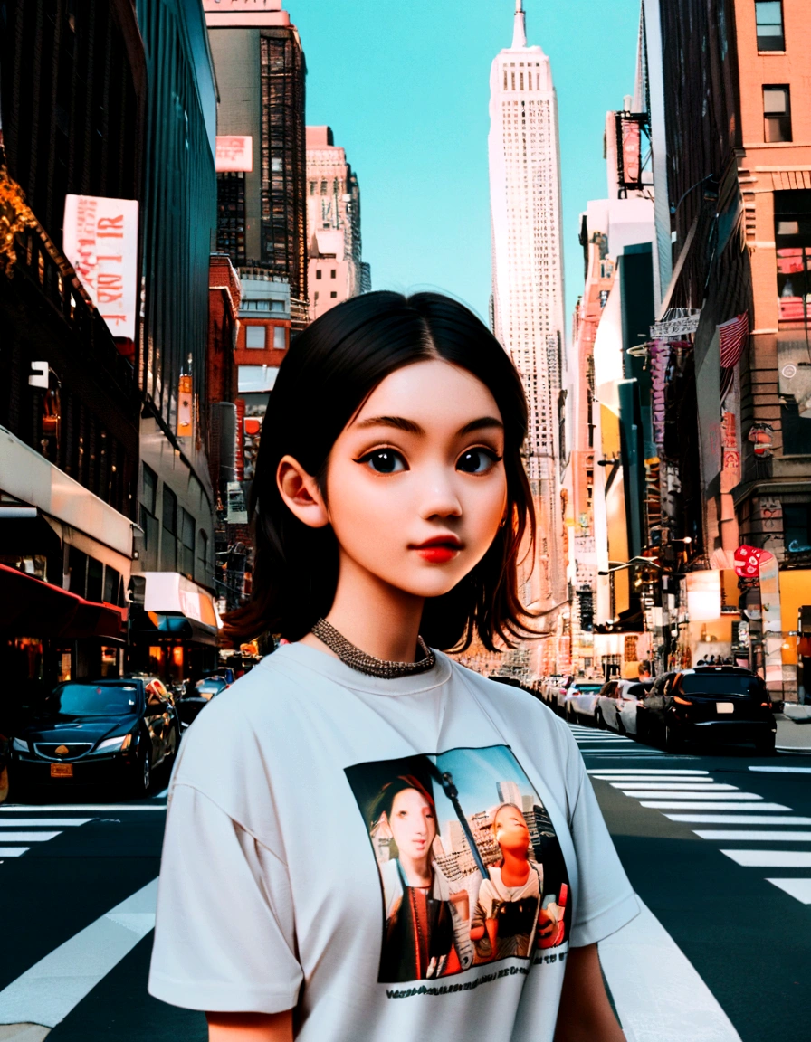 Cute girl, travellers, in the style of rap aesthetics, New York, USA . casual photo.  babycore, upper body