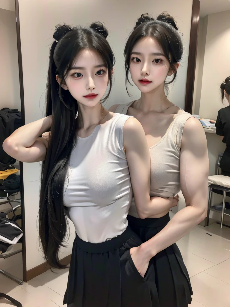 Four girls in school uniforms pose for a photo in front of a mirror，jitome，Tentacle hair，Strong muscles，Strong shoulders，Strong body，Expressionless eyes，，Bow your head，Gray hair.Gray long hair，White hair，There are no shoulder straps，Black clothes，（Flat chest 1.2），Angry expression，,Look at the audience，avatar，portrait，Smirk,cruel korean goth girl, korean girl, Gray long hair飘逸，The feeling of the wind blowing，avatar，portrait，，Bangs covering eyes，Flowing hair，Show your arms