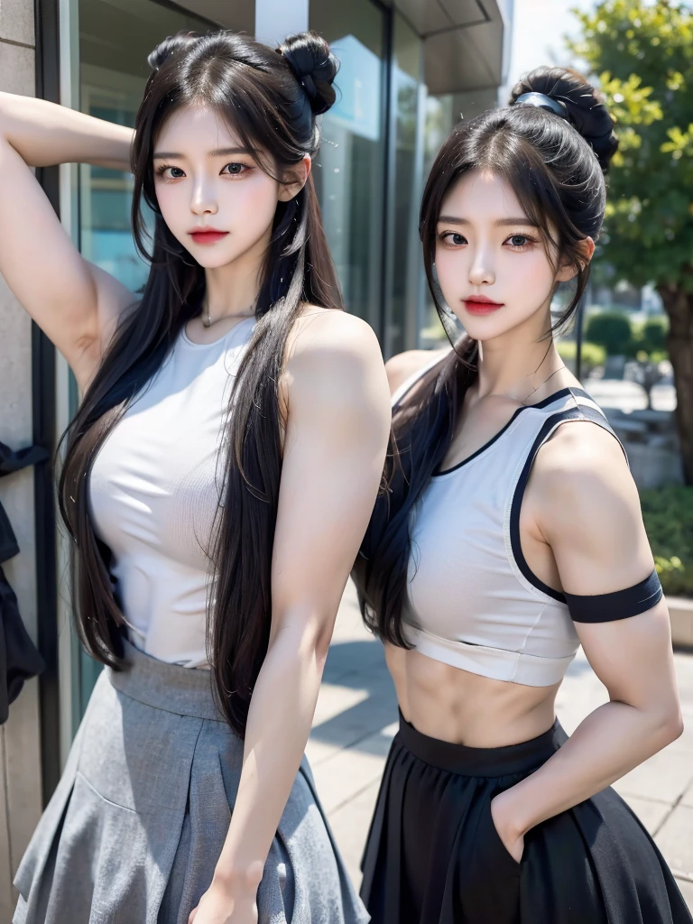 Four girls in school uniforms pose for a photo in front of a mirror，jitome，Tentacle hair，Strong muscles，Strong shoulders，Strong body，Expressionless eyes，，Bow your head，Gray hair.Gray long hair，White hair，There are no shoulder straps，Black clothes，（Flat chest 1.2），Angry expression，,Look at the audience，avatar，portrait，Smirk,cruel korean goth girl, korean girl, Gray long hair飘逸，The feeling of the wind blowing，avatar，portrait，，Bangs covering eyes，Flowing hair，Show your arms