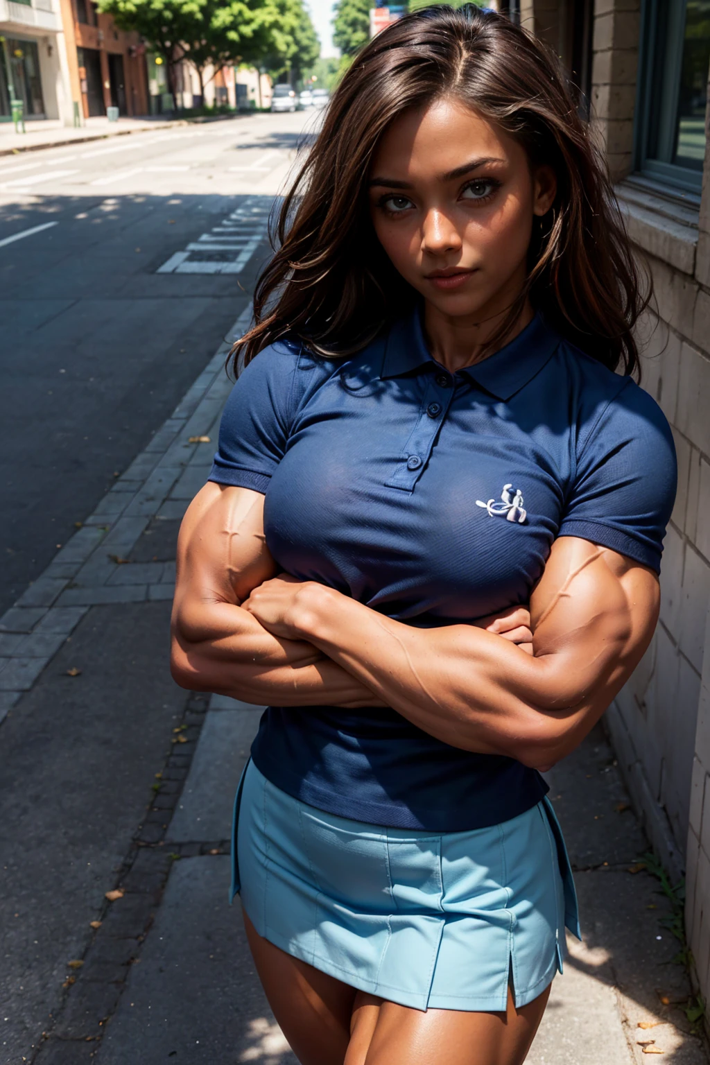 (Muscular:2), (large round breasts:1.1), (large muscular chest and shoulders:1.4), FEMALE, brown hair, long brown hair, (big smile:0), (wearing a tight blue short sleeve Polo shirt and skirt:1.5), looking at viewer, (three quarter view:1.2), upper body view, (sidewalk:1.5), dark lighting, detailed skin, detailed eyes, (dark skin:1.4), (huge round muscles:1.6), (arms crossed:1.5),