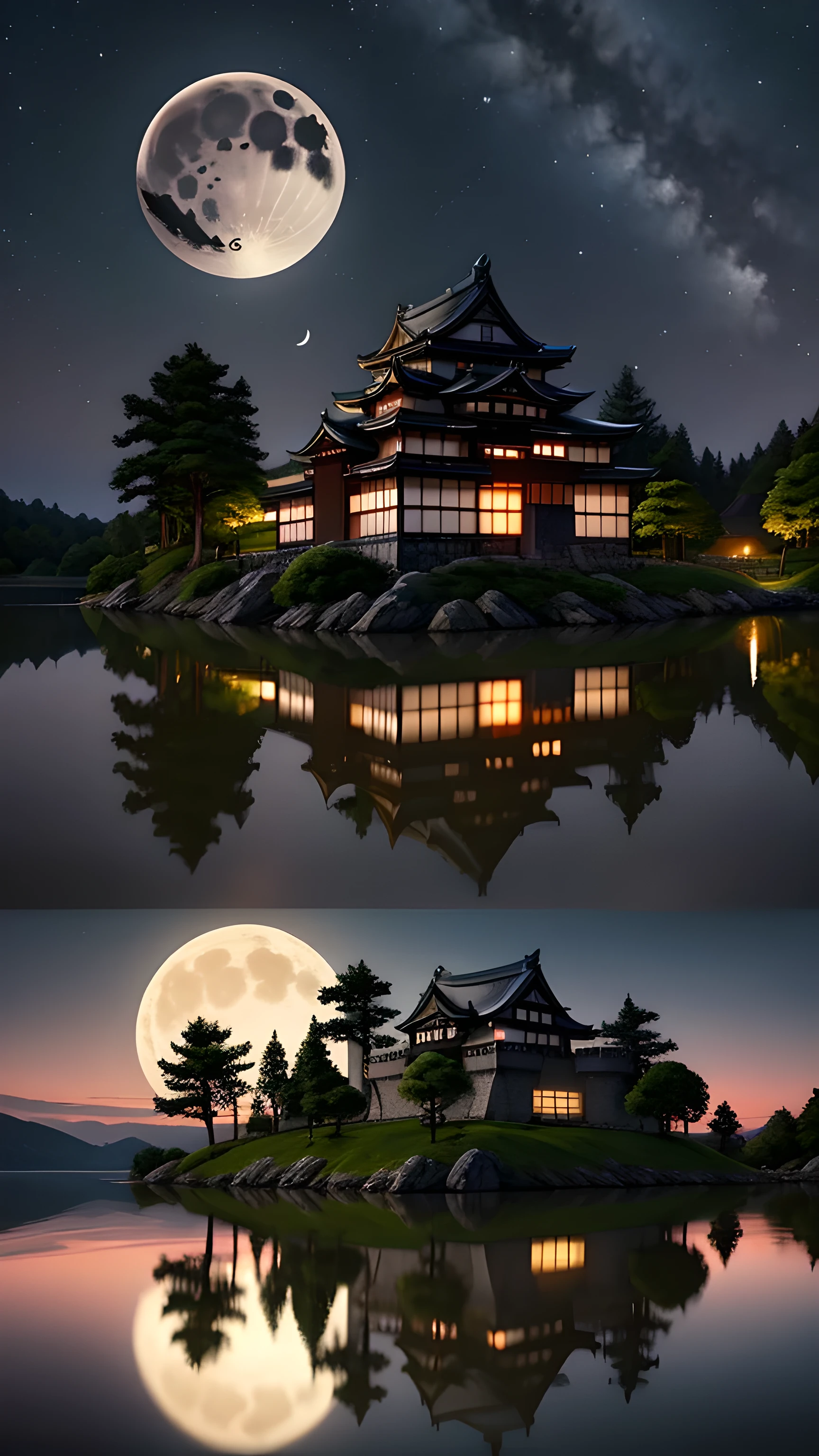 A traditional Japanese castle，With multi-layered roofs and white walls，Illuminated in the dark night sky. The castle is beautifully reflected in the calm water in front of it, Creating a perfect mirror image. The crescent moon hangs in the sky to the left of the castle，Also reflected in the water. There is a stone foundation around the castle, Surrounding trees are partially visible in the background. The overall scene is full of tranquility and mysterious atmosphere, The bright castle contrasts sharply with the dark surroundings.
