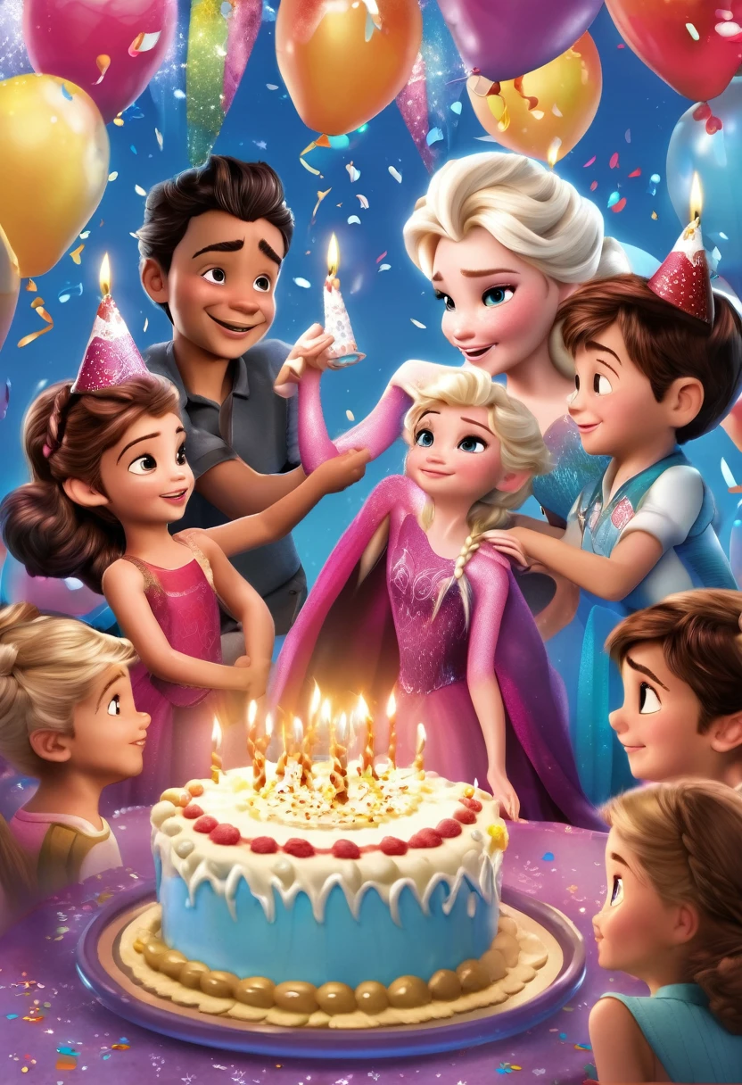 A big happy birthday party scene with 4 to 6 children, cake, candles and Elsa from Disney&#39;s Frozen in the background, celebration style, detailed description of the characters&#39; facial structure, bright overall colors, candles on the cake, by Carlos M. Schulz  