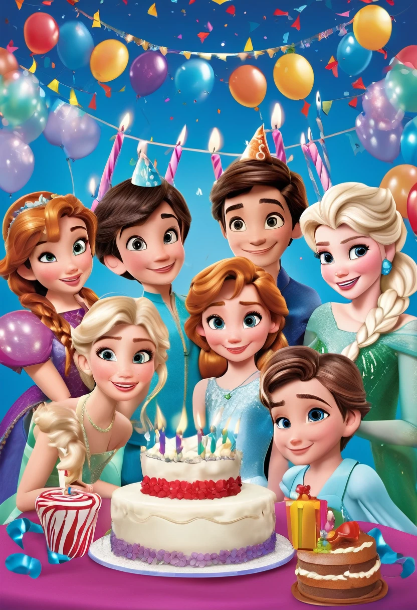 A big happy birthday party scene with 4 to 6 children, cake, candles and Elsa from Disney&#39;s Frozen in the background, celebration style, detailed description of the characters&#39; facial structure, bright overall colors, candles on the cake, by Carlos M. Schulz  