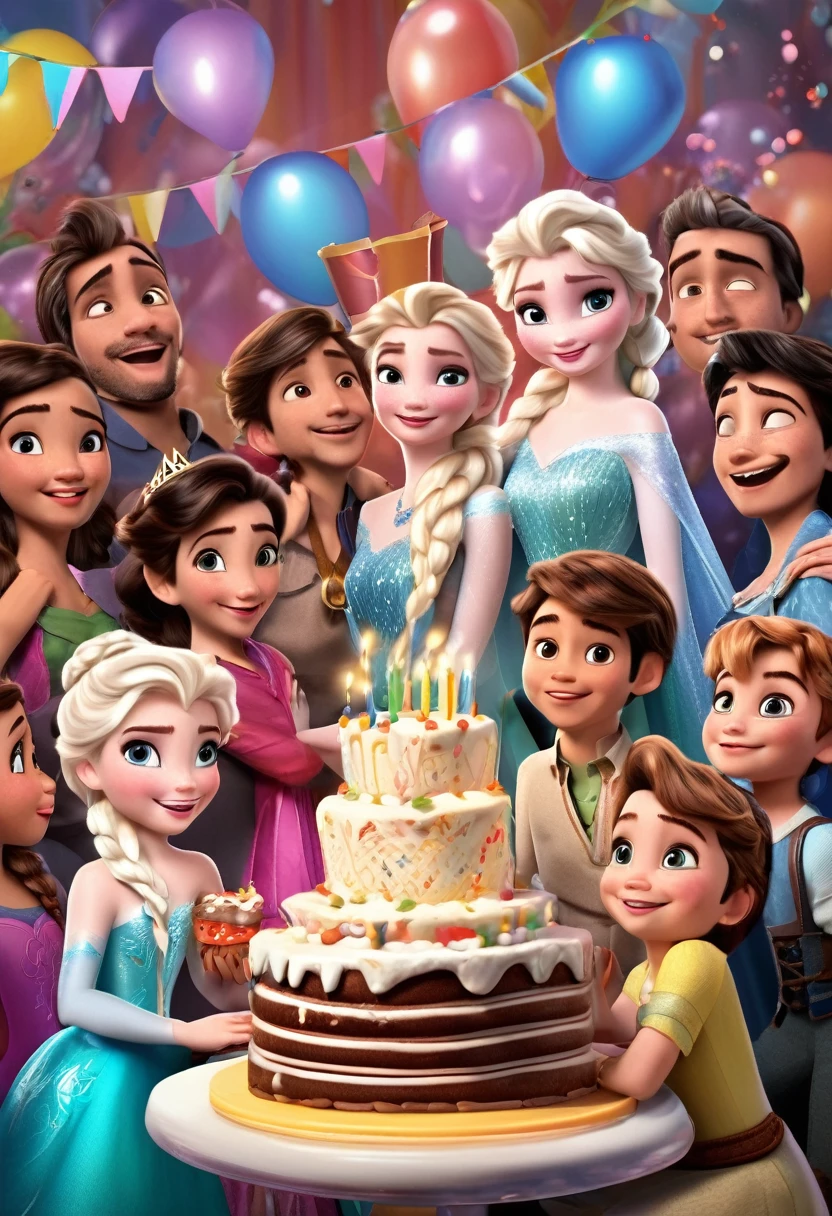 A big happy birthday party scene with 4 to 6 , cake, candles and Elsa from Disney&#39;s Frozen in the background, celebration style, detailed description of the characters&#39; facial structure, bright overall colors, candles on the cake, by Carlos M. Schulz  