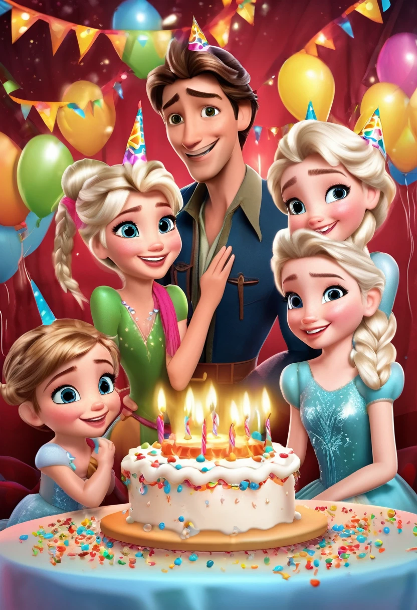 A big happy birthday party scene with 4 to 6 children, cake, candles and Elsa from Disney&#39;s Frozen in the background, celebration style, detailed description of the characters&#39; facial structure, bright overall colors, candles on the cake, by Carlos M. Schulz  