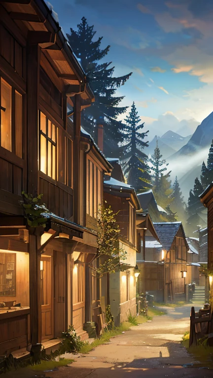 Tabletop RPG Maps, A village surrounded by a deep and mysterious forest, high quality, Incredible detail and captivating atmosphere. Add dramatic lighting elements and shadows、Makes the scene more immersive. The road leads to the village