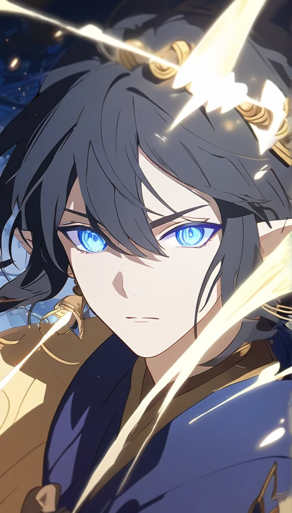 1man, elven ears, electric god, blue black hair, short hairstyle, glowing blue eyes, electric spark, thai monk, elegant thai clothes,