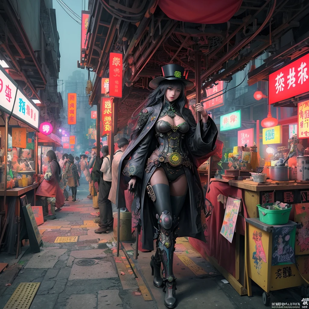 steampunk。Hongkong、Abandoned Asian cities、Alley、food stall、Rubber Coat Mecha。Midnight、Mucha、flower、Grasonochrome、Line artだけの塗り絵を作ってください。Line art、Finally, create the bottom of the coloring book.