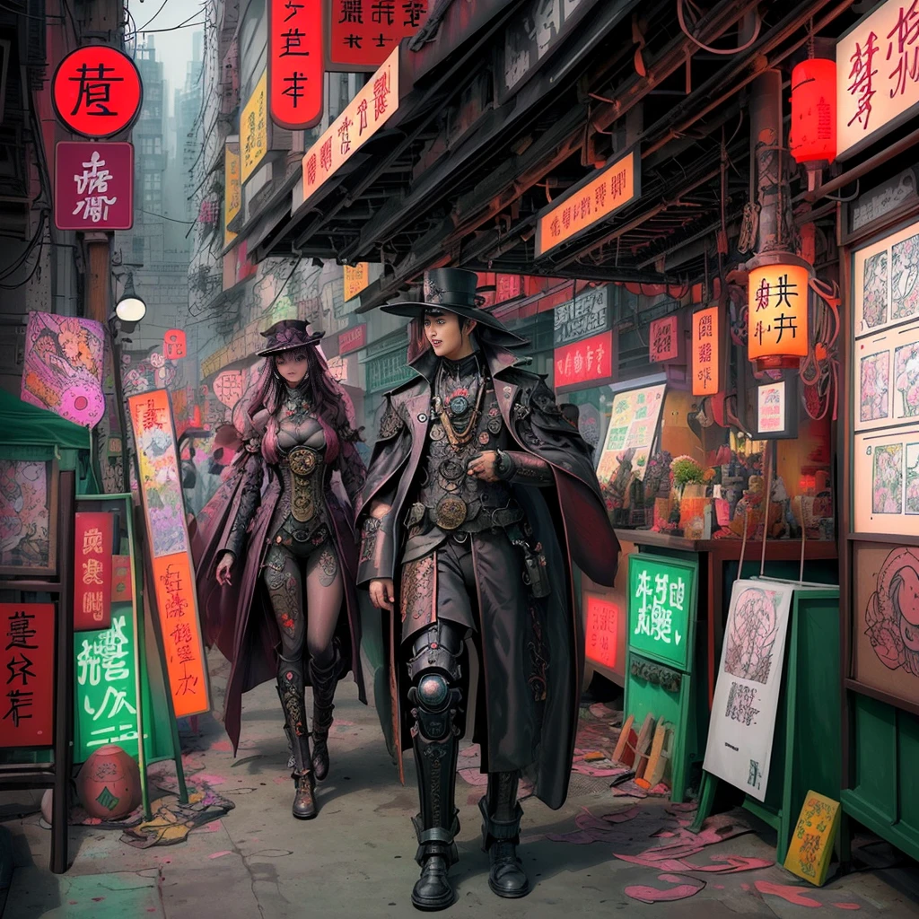 steampunk。Hongkong、Abandoned Asian cities、Alley、food stall、Rubber Coat Mecha。Midnight、Mucha、flower、Grasonochrome、Line artだけの塗り絵を作ってください。Line art、Finally, create the bottom of the coloring book.