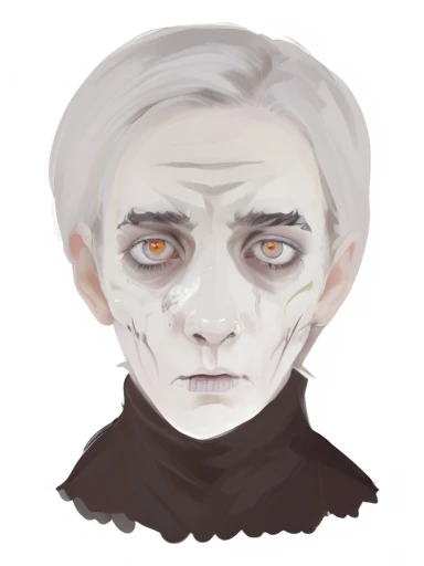 a close up of a person with a creepy look on their face, haunted sad expression, haunted and sad expression, scary portrait, shadowy and eerie character, eerie person, speedpaint, tired haunted expression, tired and haunted expression, drawn with photoshop, pointed face and grey eyes, humanoid portrait, eerie self - portrait, zombie with white eyes, digital painted