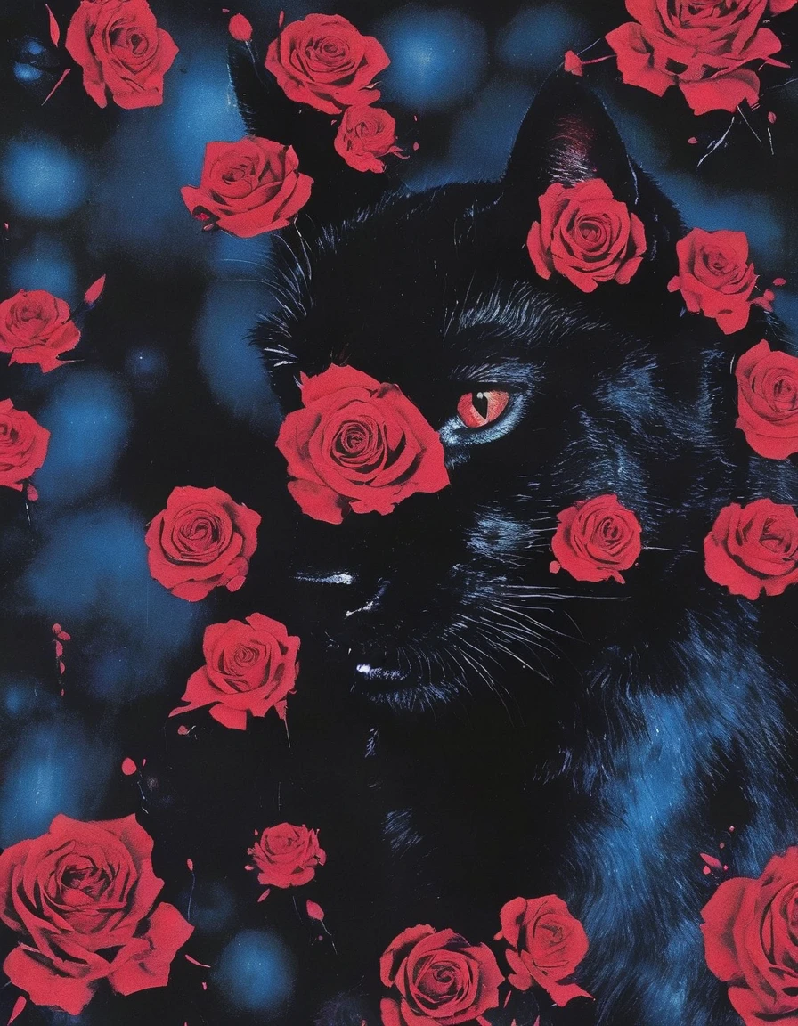 black cat in field of roses in dark blue night forest