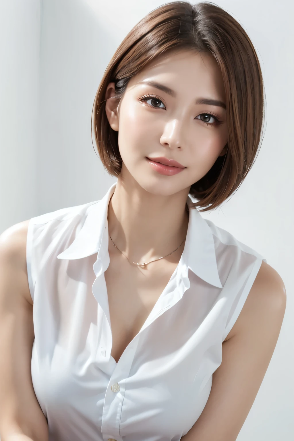(Highest quality、Tabletop、8K、Best image quality、Award-winning works)、One beautiful mature woman、50 years old、(short hair:1.1)、(Large saggy breasts:1.2)、(Perfect white polyester sleeveless open shirt:1.5)、(Bright white open shirt:1.2)、(Open button collar shirt:1.3)、(Very bright:1.3)、Bright and shiny shirt、(Leaning against the simplest white wall:1.4)、Face close-up、Beautiful clavicle、(Cleavage:1.2)、Perfect Makeup、Lustrous and bright lips、Accurate anatomy、Ultra-high definition beauty face、Ultra HD Hair、Super high quality sparkling eyes、(Ultra-high resolution glossy skin:1.1)、Super high quality glossy lip、Look straight ahead