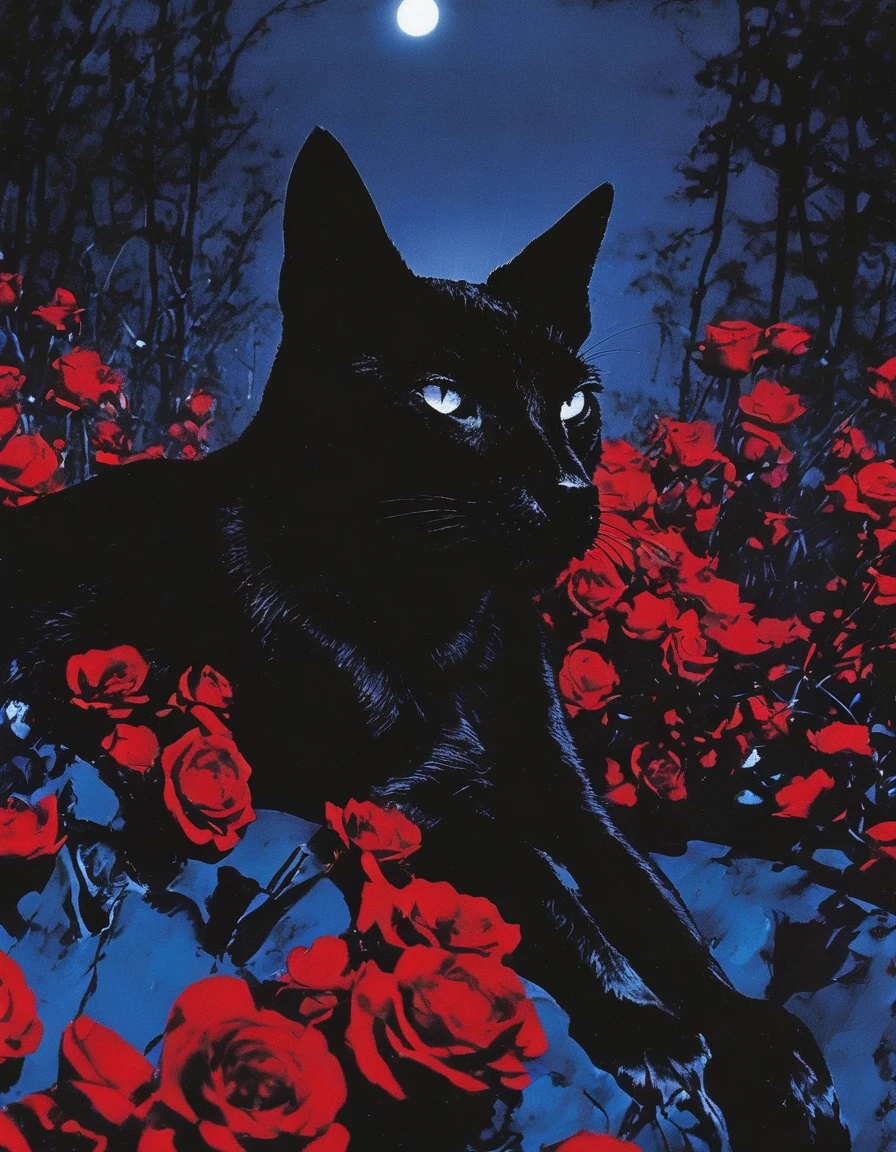 black cat in field of red roses in dark blue night forest