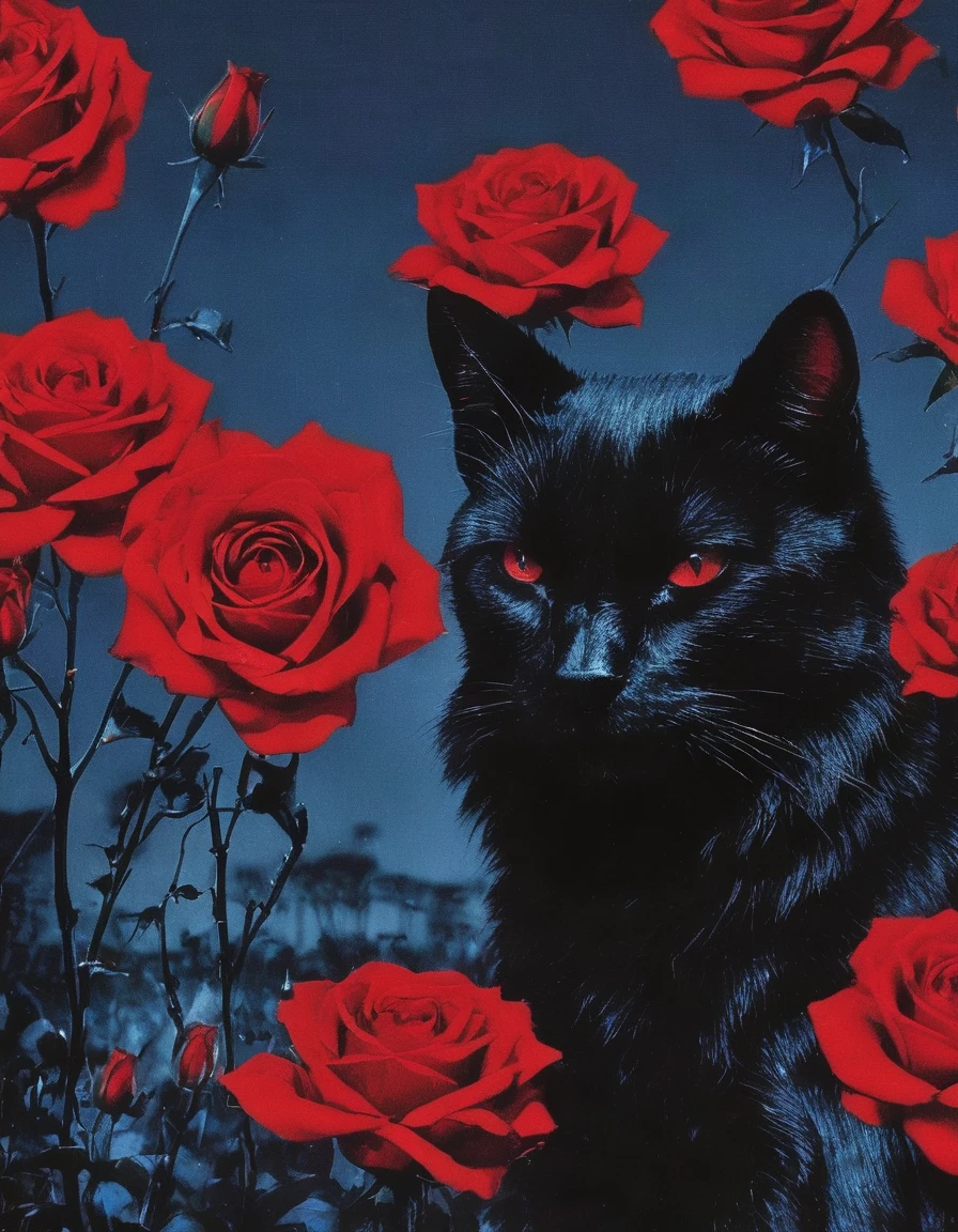 black cat in field of red roses in dark blue night forest