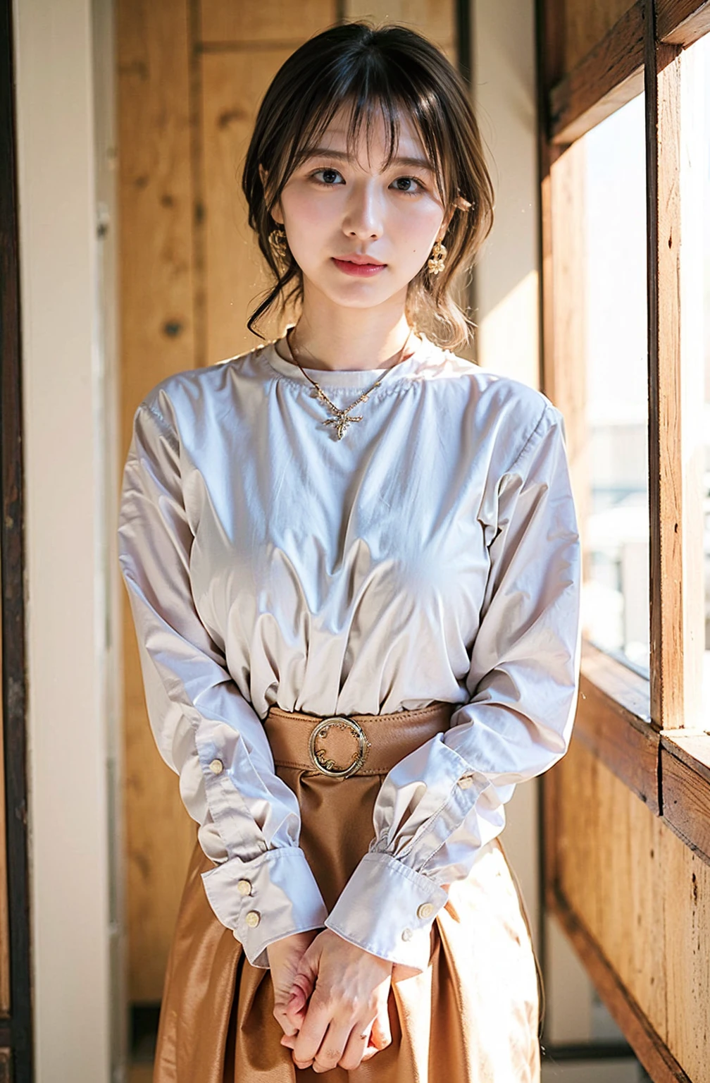 ((Cream hair color、砂浜でsmileで撮影:1.4))、Sleeveless、Outdoor shots、Cute clothes、Tie your hair、Cream hair color、Leather Belt、Her huge breasts are obvious even through her clothes..、Small earrings、Light brown hair color、Tie your hair:1.4))、Shiny Hair、Light beige hair color、Background Blur、Braid only the front hair、Light brown hair、{{Cowgirl Shot}}、((Close-up shot from the waist up、Big Breasts:1.4))、Big Breasts、にっこりsmile、Silk clothing、服からでも分かるBig Breasts、Braid only the front hair、Cowboy Shot、A gorgeous white collared silk shirt and a brown skirt、Elegant attire、Luxury Bags、素敵なsmile、((Revealing clothing))、Full body photo、ring、Short skirt、Tuck your hair behind one ear、Silver Necklace、smile、 Elegant ponytail、Caustics、Highly detailed photos、Very beautiful and ideal short hair、Big Breasts、Super no makeup、(8K、RAW Photos、Highest quality、masterpiece:1.2)、(Realistic、Realistic)、1 Girl、((Big Breastsショートヘア、Looking into the camera:1.4))、Hair blowing in the wind