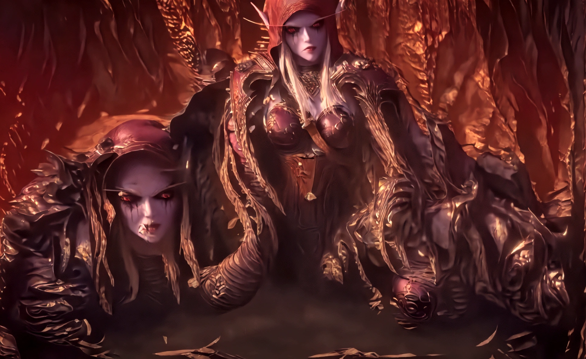 a close up of a woman with a demonic face and a skull, sylvanas windrunner, world of warcraft art style, world of warcraft splash art, world of warcraft art, alexstrasza, blizzard warcraft artwork, inspired blizzard games, death knight, blizzard cinematic, warcraft artwork, from world of warcraft, horde3d, warcraft character, blood knight