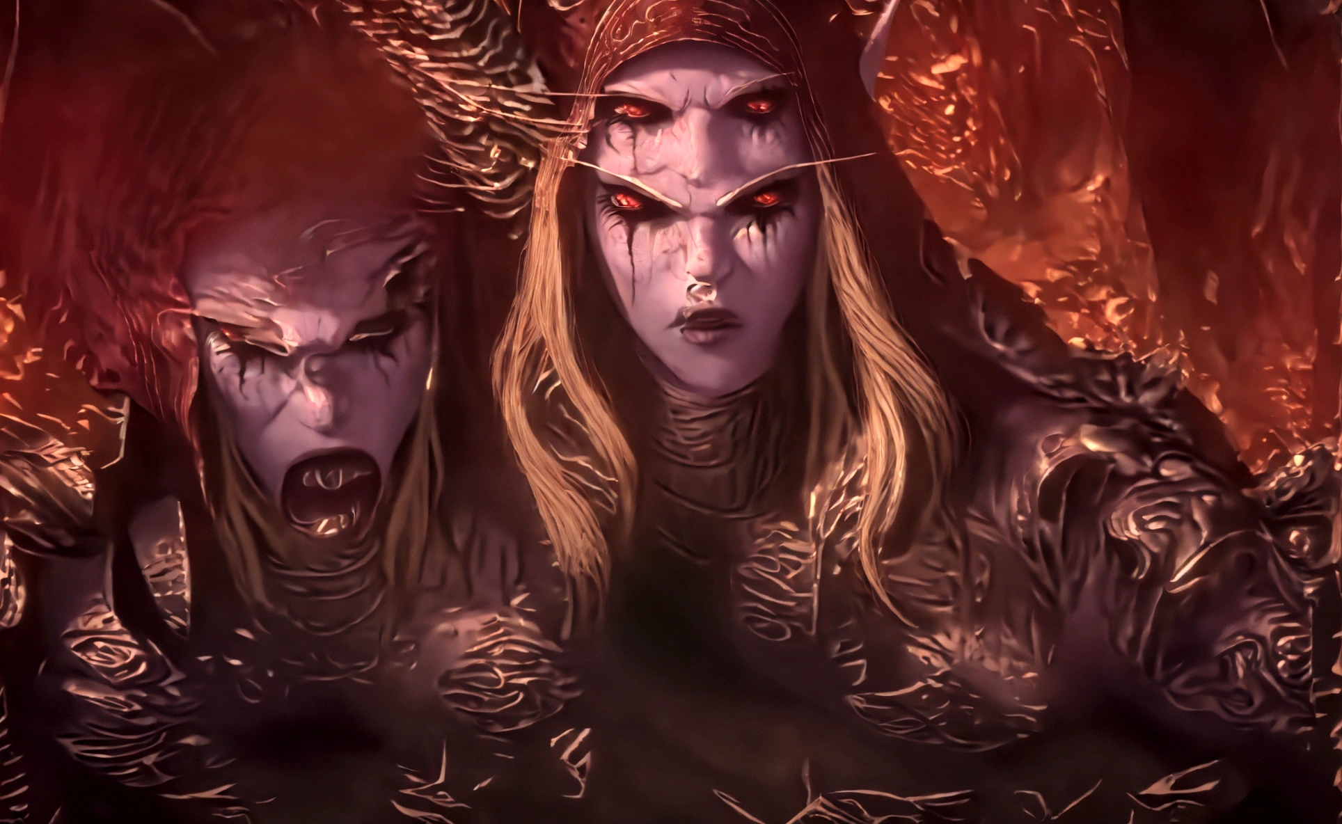 a close up of a woman with a demonic face and a skull, sylvanas windrunner, world of warcraft art style, world of warcraft splash art, world of warcraft art, alexstrasza, blizzard warcraft artwork, inspired blizzard games, death knight, blizzard cinematic, warcraft artwork, from world of warcraft, horde3d, warcraft character, blood knight