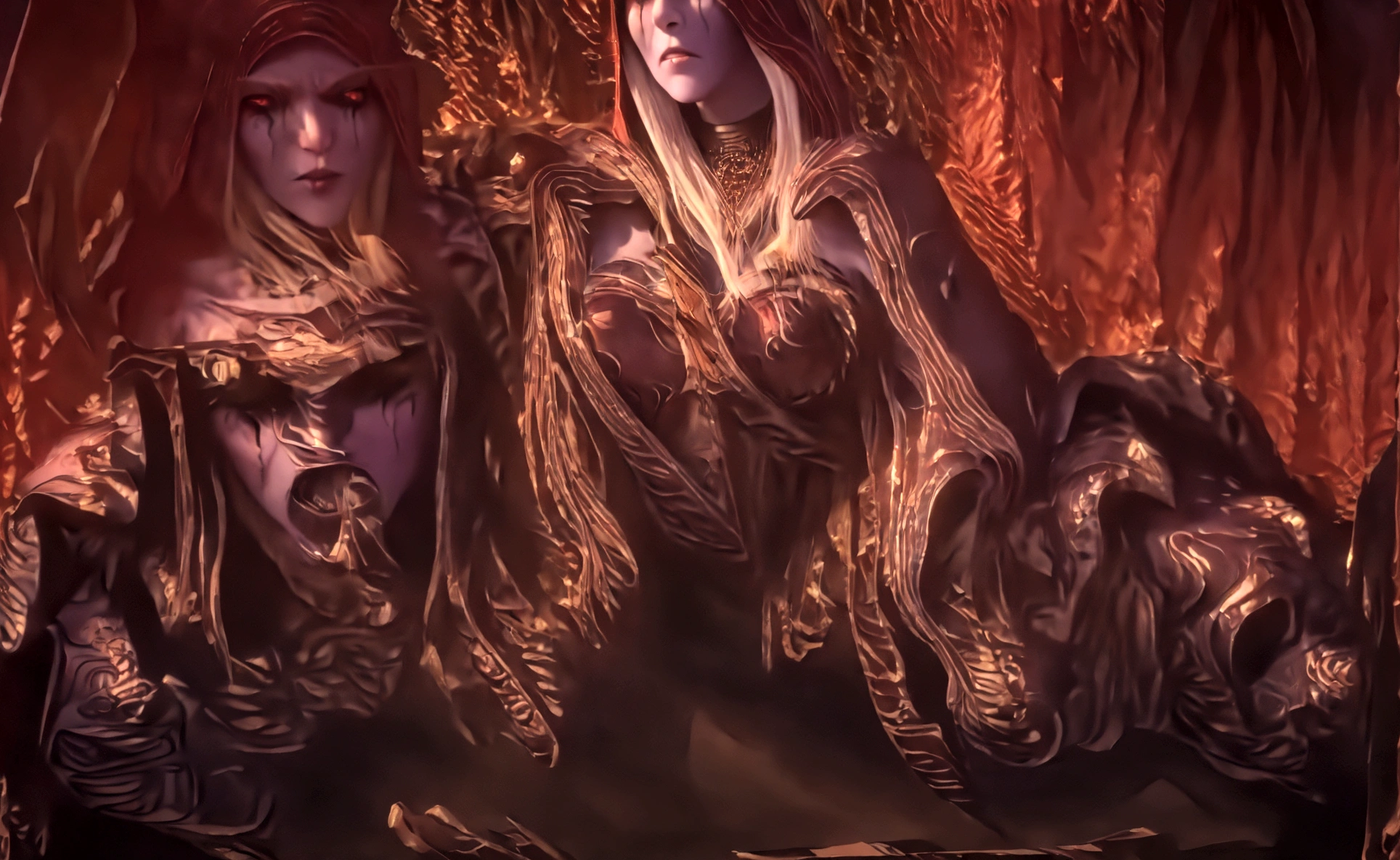 a close up of a woman with a demonic face and a skull, sylvanas windrunner, world of warcraft art style, world of warcraft splash art, world of warcraft art, alexstrasza, blizzard warcraft artwork, inspired blizzard games, death knight, blizzard cinematic, warcraft artwork, from world of warcraft, horde3d, warcraft character, blood knight