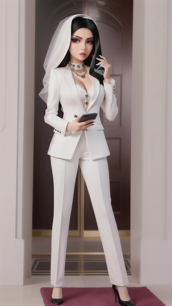 araffe woman in white suit and black jacket holding a cell phone, portrait of Haifa Wehbe, lorena avarez, woman model, ameera al taweel tanned, photo of a hand jewelry model, Marisha Becker, Arabic ameera al taweel, girl in suit, greek ameera al taweel, wearing white suit