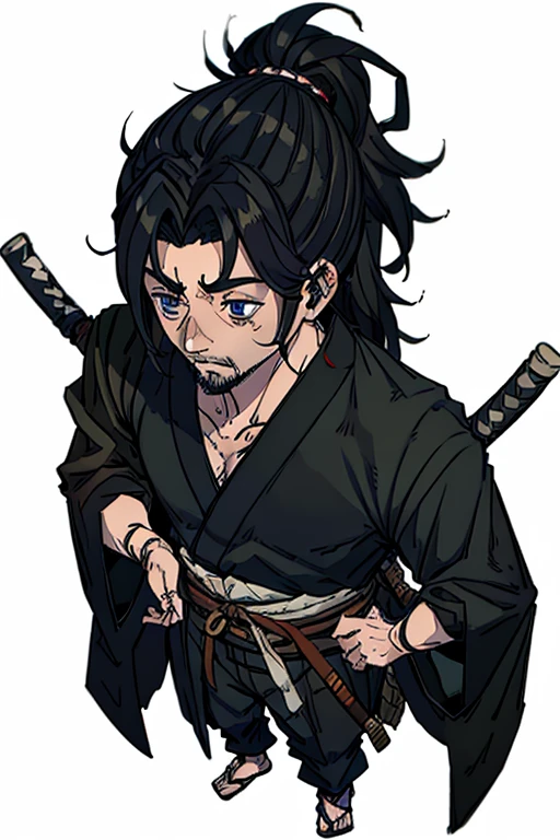 Create a highly detailed image of an RPG character in the Order of Paranormal universe, inspired by Musashi Miyamoto from 'Vagabond'. This character is around 25 years old with a tall and well-defined, muscular build. He has a medium-length, rugged beard and long, slightly unkempt hair tied into a messy topknot. His expression is intense and determined, with eyes that reflect both wisdom and the weariness of battle.

He wears traditional 1600s Japanese clothing, but his attire is disheveled and worn from constant use. His kimono is tattered at the edges, and his hakama pants are loosely tied. The fabric shows signs of past conflicts, with small tears and stains.

At his waist, he carries two meticulously crafted katanas, each with intricate hilts and scabbards showing signs of wear. The blades are ready for combat, hinting at his readiness to face any supernatural threats.

The background should evoke a dark and mysterious atmosphere, filled with elements of the supernatural typical of the Order of Paranormal universe. Imagine a foggy forest or an ancient, haunted temple as the setting, with eerie shadows and ghostly apparitions subtly present to enhance the sense of danger and mystery