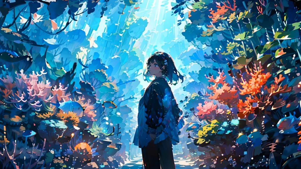 ocean，Coral Reef，Small school of fish，Light，bubble，jellyfish，ocean藻，(深ocean:1.4)，fantasy，ocean底，float，((panoramic)), (exquisite artwork), best quality, high resolution, (Extremely detailed), Anatomically correct, Ultra HD, Textured Skin，Design your images using the fisheye effect, Capturing a wide perspective in a unique way, Bent perspective, Use pointillism to depict images, Carefully placed dots of color create a cohesive and visually striking overall effect.