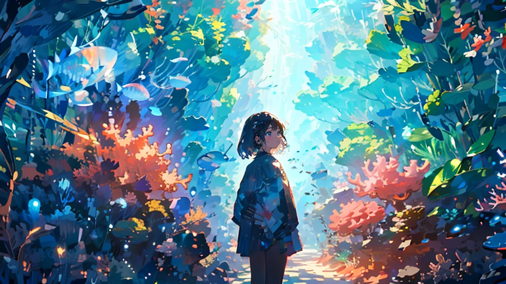 ocean,Coral Reef,Small school of fish,Light,bubble,jellyfish,ocean藻,(深ocean:1.4),fantasy,ocean底,float,((panoramic)), (exquisite artwork), best quality, high resolution, (Extremely detailed), Anatomically correct, Ultra HD, Textured Skin,Design your images using the fisheye effect, Capturing a wide perspective in a unique way, Bent perspective, Use pointillism to depict images, Carefully placed dots of color create a cohesive and visually striking overall effect.