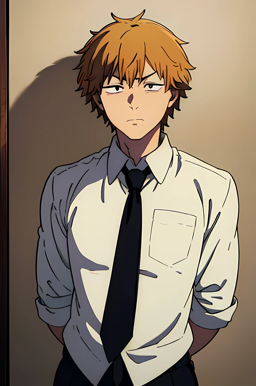 denji, half-closed eyes, Serious look, crestfallen, arms at sides, front view, closed mouth, black necktie, white shirt, collared shirt, sleeves rolled up, masterpiece, best quality