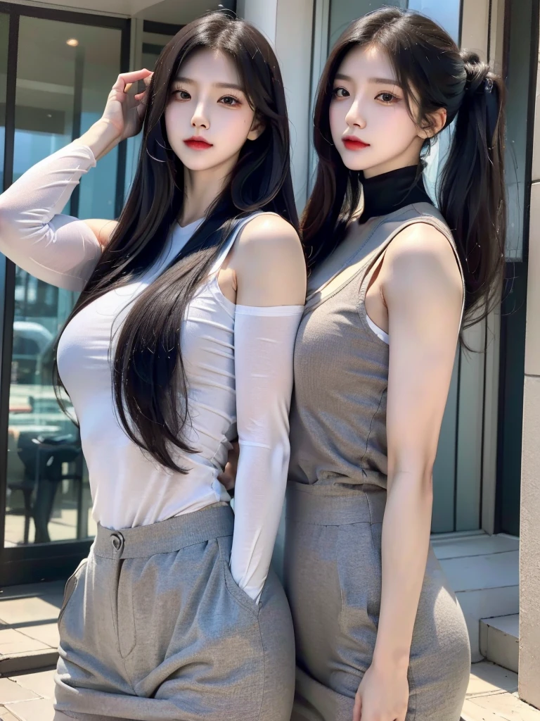 Four girls in school uniforms pose for a photo in front of a mirror，jitome，Tentacle hair，Strong muscles，Strong shoulders，Strong body，Expressionless eyes，，Bow your head，Gray hair.Gray long hair，White hair，There are no shoulder straps，Black clothes，（Flat chest 1.2），Angry expression，,Look at the audience，avatar，portrait，Smirk,cruel korean goth girl, korean girl, Gray long hair飘逸，The feeling of the wind blowing，avatar，portrait，，Bangs covering eyes，Flowing hair，Show your arms