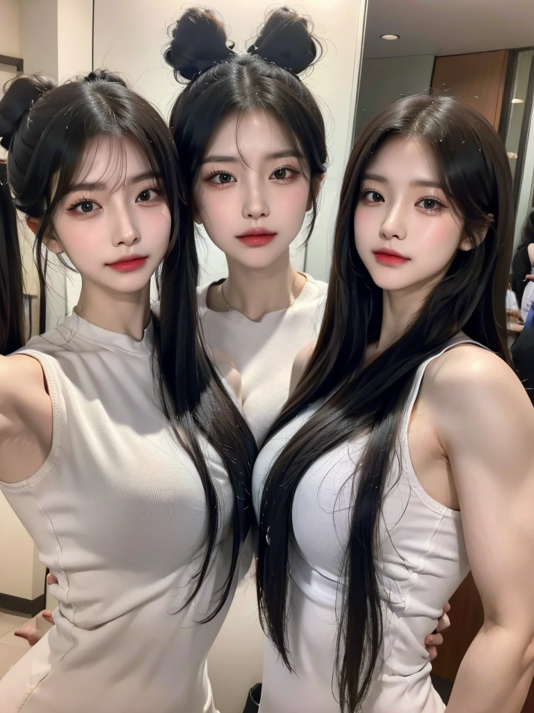 Four girls in school uniforms pose for a photo in front of a mirror，jitome，Tentacle hair，Strong muscles，Strong shoulders，Strong body，Expressionless eyes，，Bow your head，Gray hair.Gray long hair，White hair，There are no shoulder straps，Black clothes，（Flat chest 1.2），Angry expression，,Look at the audience，avatar，portrait，Smirk,cruel korean goth girl, korean girl, Gray long hair飘逸，The feeling of the wind blowing，avatar，portrait，，Bangs covering eyes，Flowing hair，Show your arms