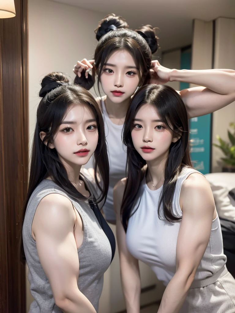 Four girls in school uniforms pose for a photo in front of a mirror，jitome，Tentacle hair，Strong muscles，Strong shoulders，Strong body，Expressionless eyes，，Bow your head，Gray hair.Gray long hair，White hair，There are no shoulder straps，Black clothes，（Flat chest 1.2），Angry expression，,Look at the audience，avatar，portrait，Smirk,cruel korean goth girl, korean girl, Gray long hair飘逸，The feeling of the wind blowing，avatar，portrait，，Bangs covering eyes，Flowing hair，Show your arms