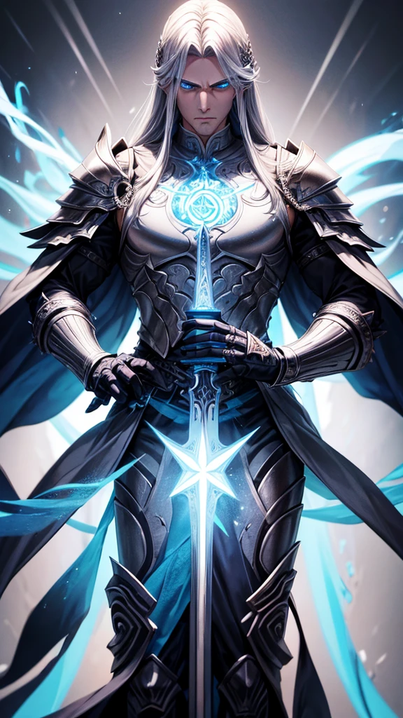 He is a tall. Imposing figure with a commanding presence. He has long , silver hair that flows down his back, contrasting with his piercing, azure eyes. His armor is intricately designed,combining ancient runes with morden enhancement, glowing with a faint blue light. He wields a mystical sword, farged with elemental power, and ador with elemental power, and adored with symbols of his lineage
