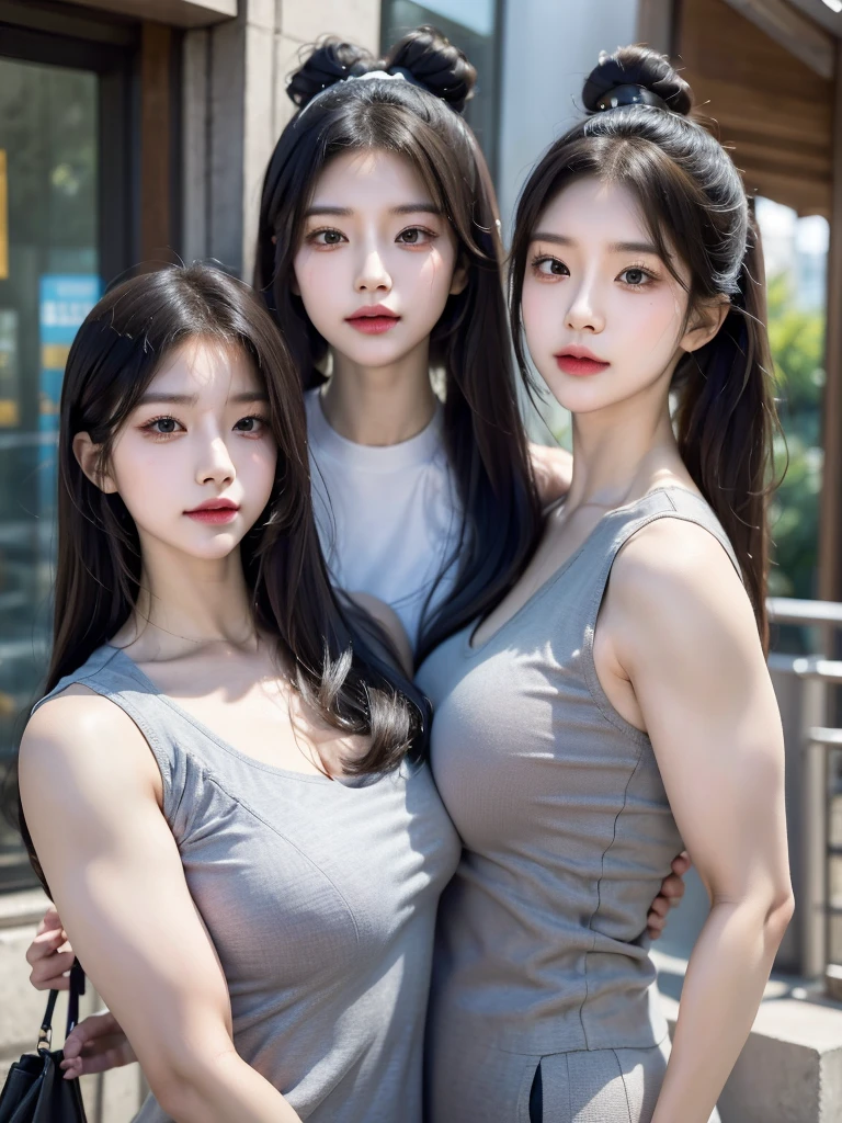 Four girls in school uniforms pose for a photo in front of a mirror，jitome，Tentacle hair，Strong muscles，Strong shoulders，Strong body，Expressionless eyes，Drooling and，Three White，Red Eye，，Bow your head，Gray hair.Gray long hair，White hair，There are no shoulder straps，Black clothes，flat chest，Angry expression，,Look at the audience，avatar，portrait，Smirk,cruel korean goth girl, korean girl, Gray long hair飘逸，The feeling of the wind blowing，avatar，portrait，Gray light，Bangs covering eyes，Flowing hair，Show your arms