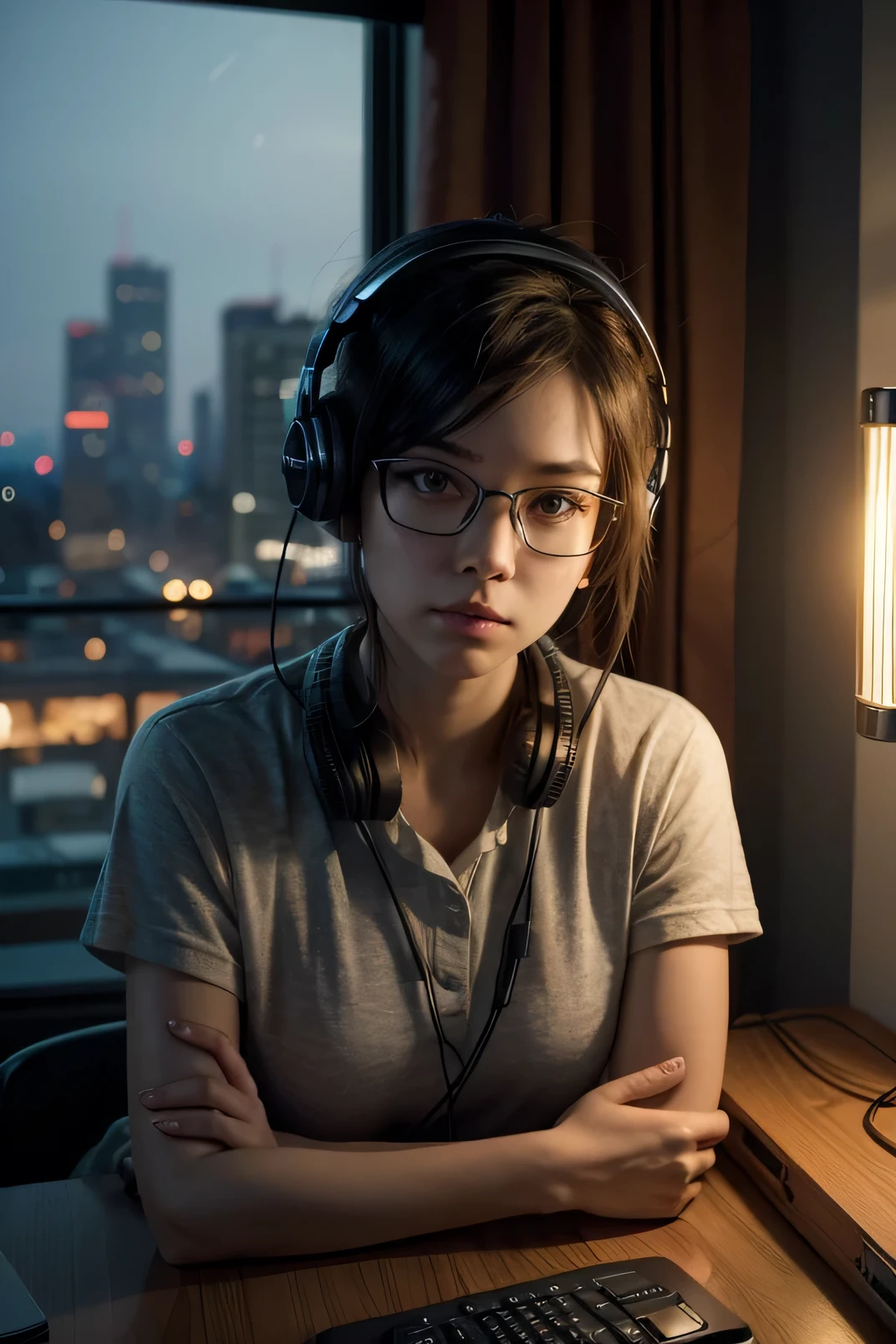 female character, revolutionary, communist, microphone, headphones, working computer, room, dim light, lamp, Cyber Punk, frontal position, night, bluish environment with orange lights. Windows open, view of the city through the window. more realistic hair, glasses, more comfortable clothes, night city, underwear, improve the details of the hands, perfect and well-shaped eyes