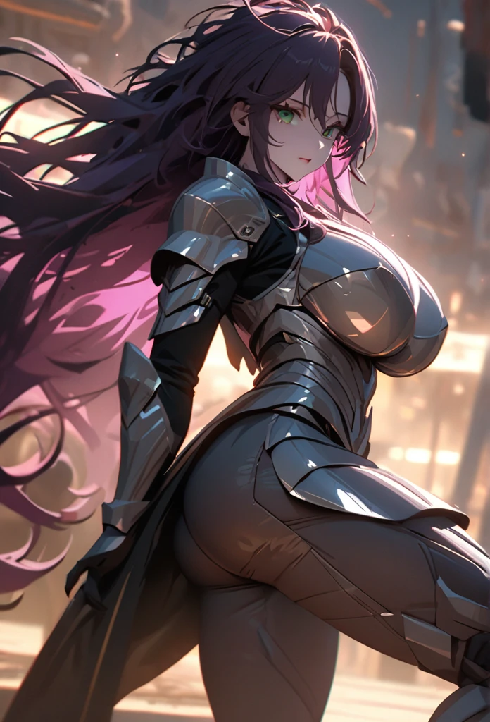 (solo), purple hair, messy hair, mane hair, extra long hair, dense hair, wild hair, expressive hair, mature,(25 year old), pale skin, green eyes, ((man)), wearing a silver armor, armored arms, armored legs, claws,, huge breast, big ass, beautiful, attractive, eye reflection, depth of field, thunder aura,cinematic lighting, ray tracing, depth of field, cinematic lighting, ray tracing, UHD, high details, best quality, highres, high quality, award winning, super detail, masterpiece, 8k, UHD, high details, best quality, highres, high quality, award winning, super detail, masterpiece, 8k, digital art, anime coloring, body shot, good face, perfect face, detailed face, good eyes
