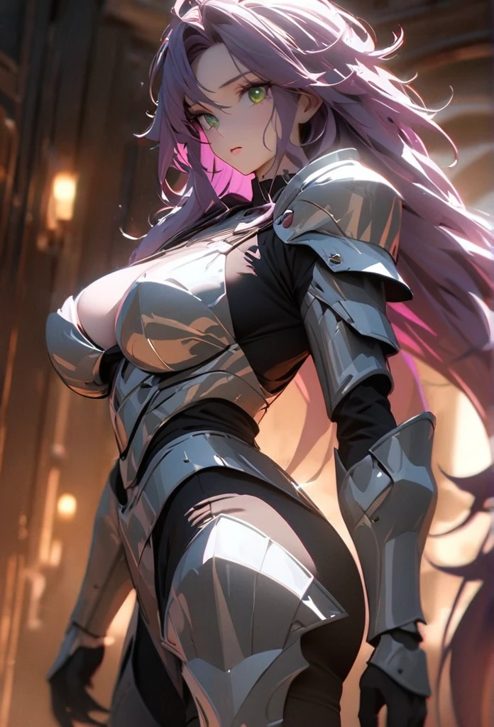 (solo), purple hair, messy hair, mane hair, extra long hair, dense hair, wild hair, expressive hair, mature,(25 year old), pale skin, green eyes, ((man)), wearing a silver armor, armored arms, armored legs, claws,, huge breast, big ass, beautiful, attractive, eye reflection, depth of field, thunder aura,cinematic lighting, ray tracing, depth of field, cinematic lighting, ray tracing, UHD, high details, best quality, highres, high quality, award winning, super detail, masterpiece, 8k, UHD, high details, best quality, highres, high quality, award winning, super detail, masterpiece, 8k, digital art, anime coloring, body shot, good face, perfect face, detailed face, good eyes