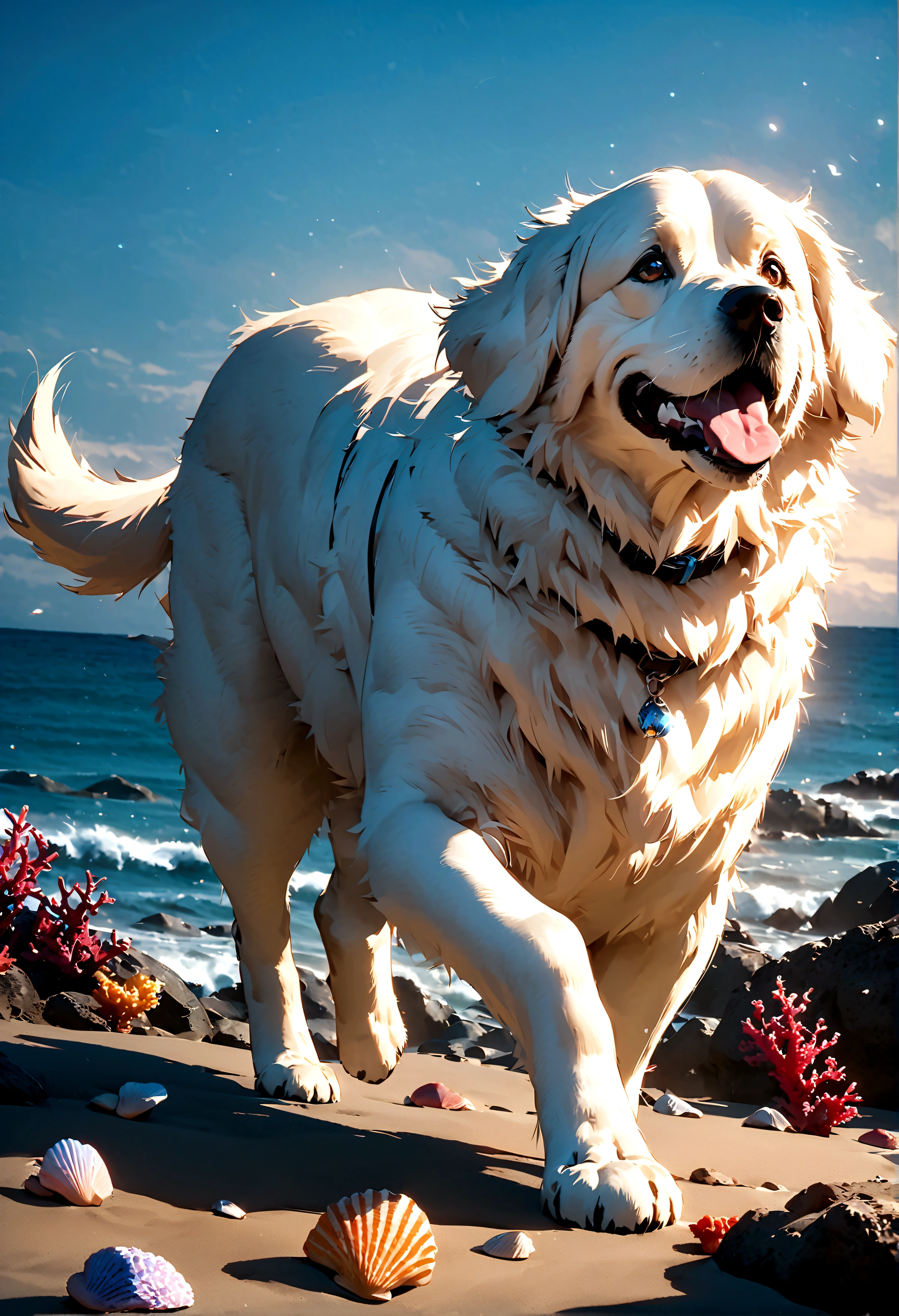 quality\(8k,wallpaper of extremely detailed CG unit, masterpiece,hight resolution,top-quality,top-quality real texture skin,hyper realisitic,increase the resolution,RAW photos,best qualtiy,highly detailed,the wallpaper,cinematic lighting,ray trace,golden ratio\), BREAK ,1dog\(white fur,retriever,detailed beautiful fur\) and 1lady\(young,beautiful,clean,healthy\):1.5) walking happily on the beach\( waves and sea\(very detailed, beautiful, clear\) , many coral reefs,colorful seashells\),golden time