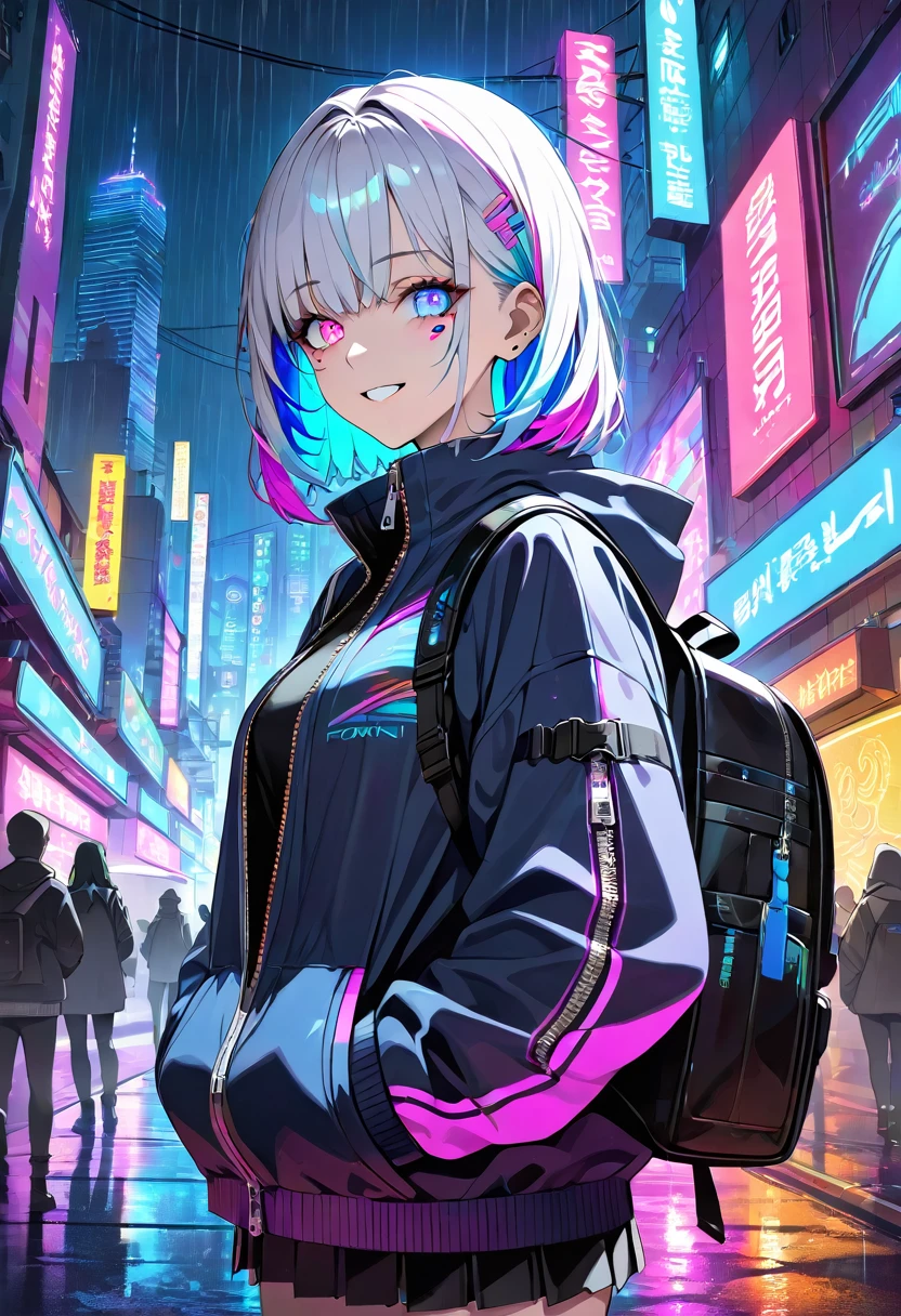 masterpiece, best quality, ultra detailed, detailed eyes,
1girl, colorful hair, multicolored hair, (tear mole), glowing eyes,
gradient hair, bangs, heterochromia, colorful eyes, vibrant eyes, 
cyberpunk cityscape, neon lights, futuristic clothing, zipper, 
backpack, detailed face, detailed background, night, rain, 
glowing, smiling, chest, high quality, vibrant colors, beauty mark under eye, 