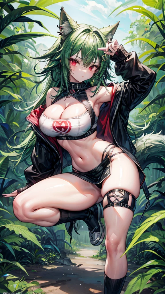 , Croped, , cleavage, slim waist, cropped hoodie underboob, cropped hoodieunderboobhoodie, 1girl, 2 wolf ears, wolf tail, marijuana crop hoodie, crop shorts, marijuana hoodie, spiky hair, spiky fur, green hair, red eyes,marijuana field scenery, tight clothes, perfect eyes, perfect hands, clear resolution, full body, cleavage skin, marijuana plants, open hoodie, marijuana scenery, black thigh high socks, full body, earrings, 1girl, skirt, cleavage, slim waist, cleavage, slim waist, hair pulled back,