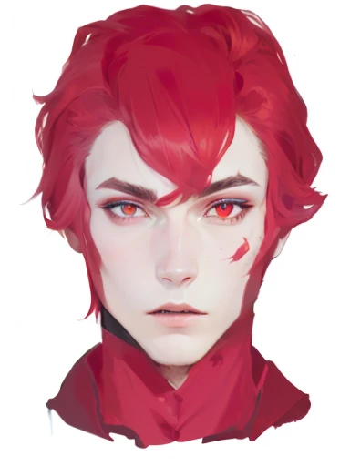 a close up of a person with red hair and a red dress, speedpaint, androgynous vampire, red face, ((red)) baggy eyes, his eyes glowing red, fully red eyes, red-eyes, fully red eyes no pupils, crimson red hair and red eyes, bright red eyes, made with anime painter studio, drawn with photoshop, red cheeks