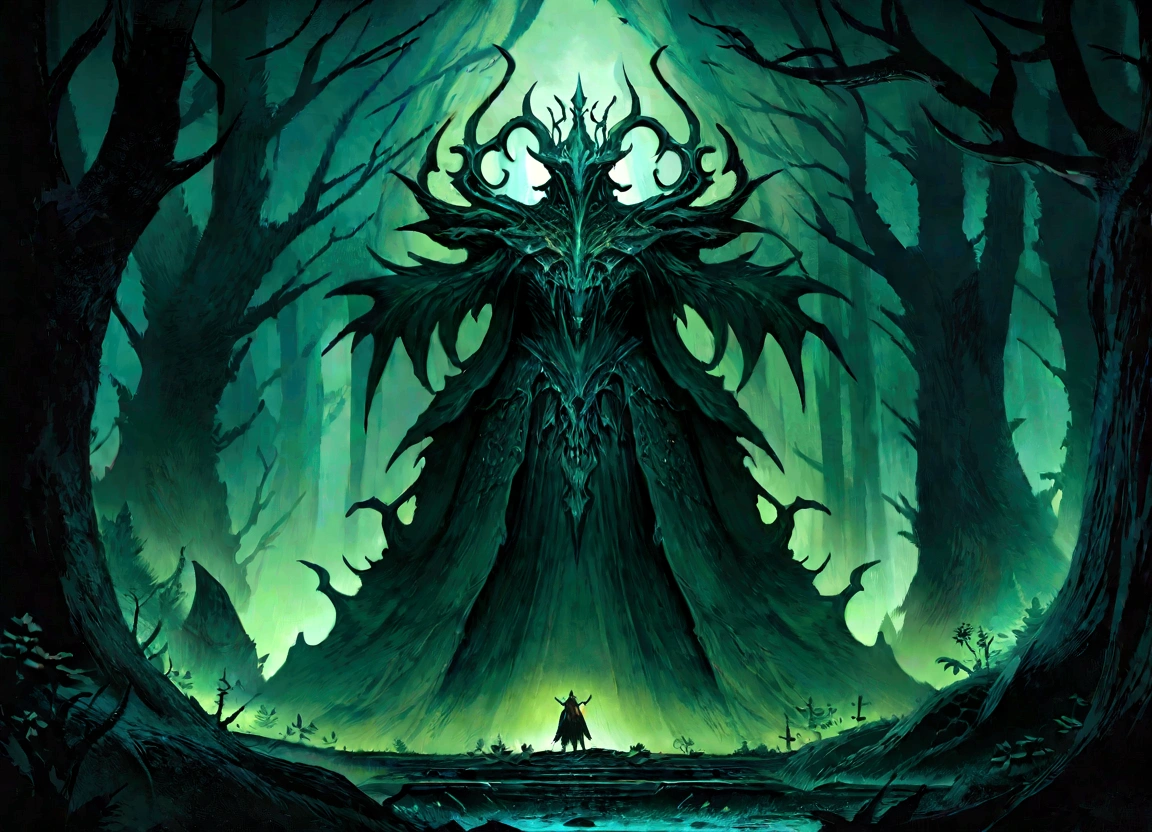 Close-up of a man standing in a dark forest, Dark forest concept art, Dark fantasy forest, Dark Fantasy Art, an ominous fantasy illustration, Dark fantasy art, Dark fantasy concept art, Dark Fantasy Background, dark forest dnd, Epic fantasy digital art style, dark fantasy environment, Forbidden Forest, Dark fantasy landscape, 8k fantasy art