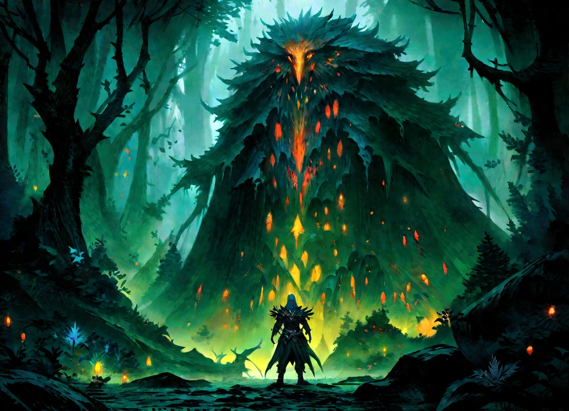 Close-up of a man standing in a dark forest, Dark forest concept art, Dark fantasy forest, Dark Fantasy Art, an ominous fantasy illustration, Dark fantasy art, Dark fantasy concept art, Dark Fantasy Background, dark forest dnd, Epic fantasy digital art style, dark fantasy environment, Forbidden Forest, Dark fantasy landscape, 8k fantasy art