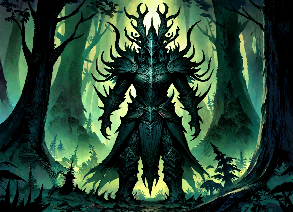 Close-up of a man standing in a dark forest, Dark forest concept art, Dark fantasy forest, Dark Fantasy Art, an ominous fantasy illustration, Dark fantasy art, Dark fantasy concept art, Dark Fantasy Background, dark forest dnd, Epic fantasy digital art style, dark fantasy environment, Forbidden Forest, Dark fantasy landscape, 8k fantasy art