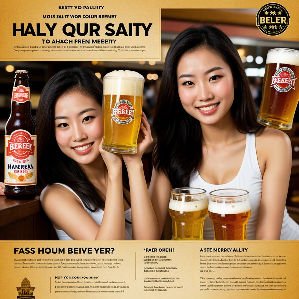 ((best quality)), beer promotion flyer,  asian beauty, cheer post, holding 2 glasses of beer

