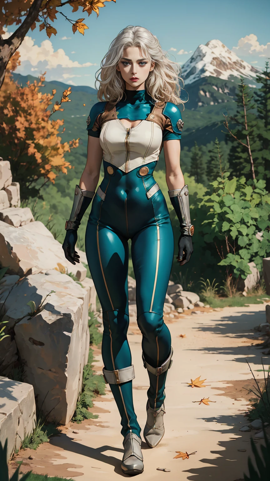 (((full body photo))),A middle-aged beautiful woman, showing the belly button, long platinum-blond hair, neatly combed hair, a square face, a serious expression, sharp eyes, tall figure, a dark fantasy-realistic style bodysuit, short sleeve, a silver-white chestplate, gloves with metal accessories, three metal blades extending from the gloves, tight-fitting pants that match the bodysuit, silver-white metal shin guards, boots, the background is a mountain forest at night, with falling leaves, this character embodies a finely crafted fantasy-realistic style assassin in anime style, characterized by an exquisite and mature manga illustration art style, high definition, best quality, highres, ultra-detailed, ultra-fine painting, extremely delicate, professional, anatomically correct, symmetrical face, extremely detailed eyes and face, high quality eyes, creativity, RAW photo, UHD, 8k, Natural light, cinematic lighting, masterpiece-anatomy-perfect, masterpiece:1.5