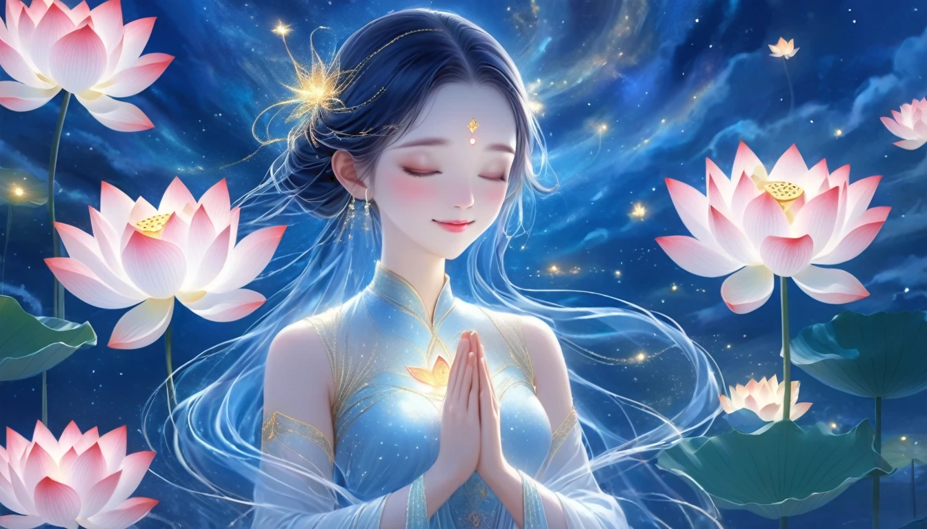 best quality，masterpiece：1.2，details，The beautiful young god gently closed his eyes，A gentle smile. She clasped her hands together，Prayer and Meditation. She wore a white dress，Stars twinkle in the blue night sky, you sit on a lotus，In a fantastic atmosphere，You feel as if you are one with the universe. HD, 8K