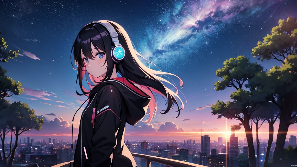 Woman wearing headphones, Anime Style 4 k, anime wallpaper 4k, anime wallpaper 4k, 4k anime wallpaper, anime art wallpaper 4k, anime art wallpaper 4k, Anime Style. 8K, Anime atmosphere, Nightcore, Ultra HD Anime Wallpaper, Anime Art Wallpaper 8K, Anime Background,summer,City,landscape、forest、far away、music